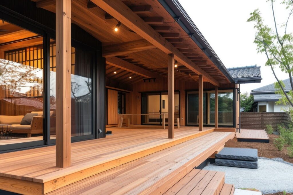 Deck installation with wooden flooring and modern design.