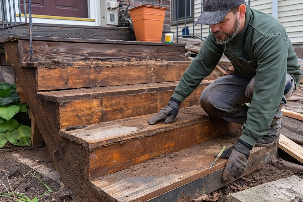Man repairing wooden steps, focusing on restoration details.