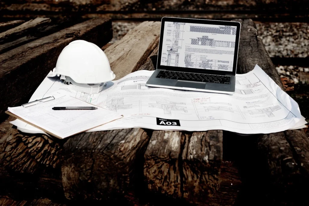 Construction plans and laptop on wooden beams.