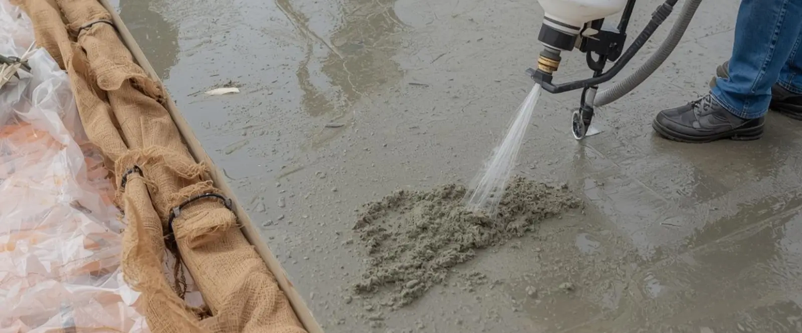 Concrete curing process with moisture application sprayer.