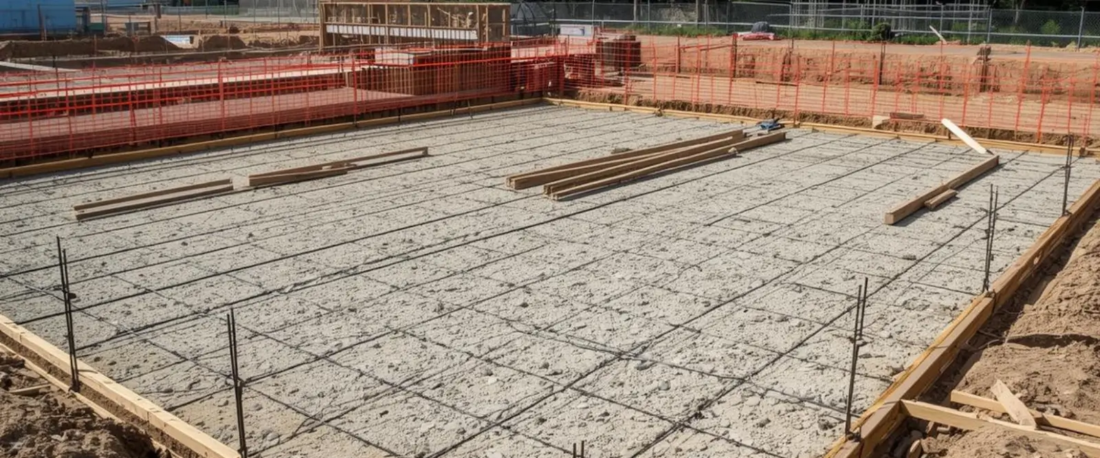 Concrete slab preparation with rebar and wooden forms.
