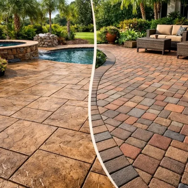 Stamped concrete and pavers patio comparison in Jacksonville.